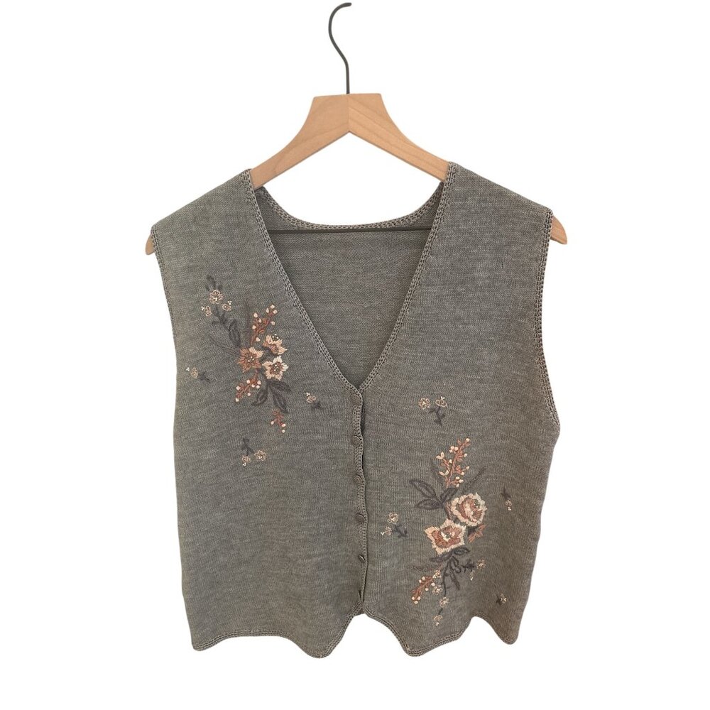 Vintage Gray Floral Embroidered Button-Up Knit Vest Top Womens Medium